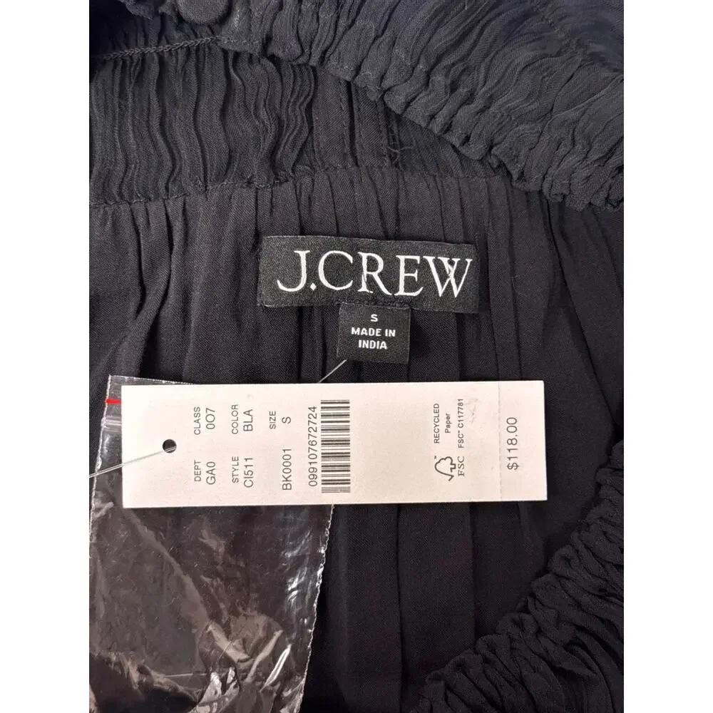 New J Crew Blouse Small Womens Drapey Shirred Top Crinkle Cupro Sheer Black